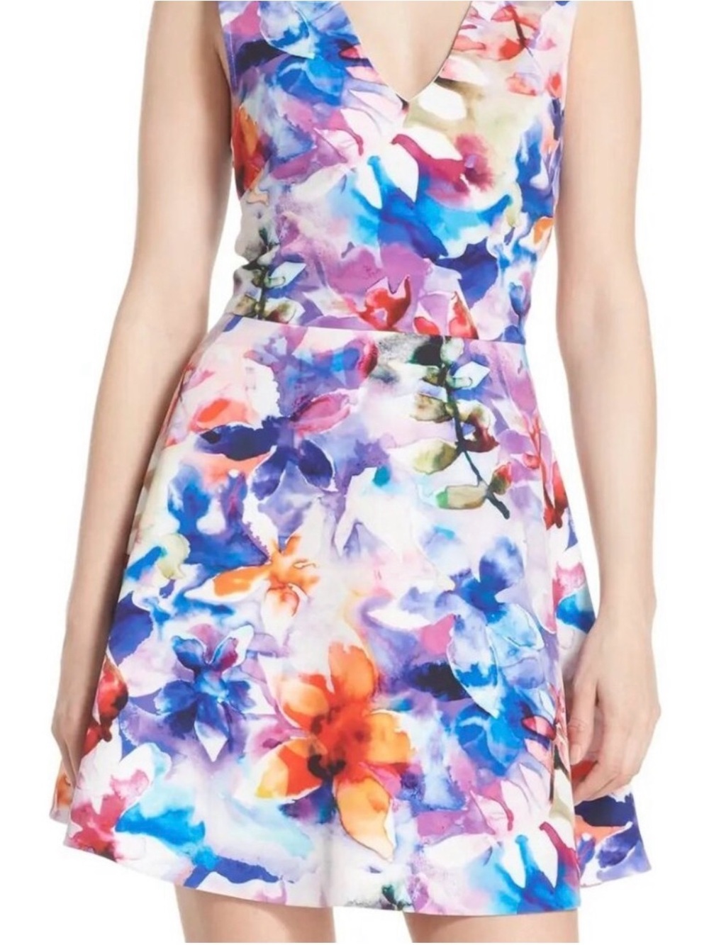 Felicity & Coco Watercolor Floral Fit & Flare Dress | XS | Open Back